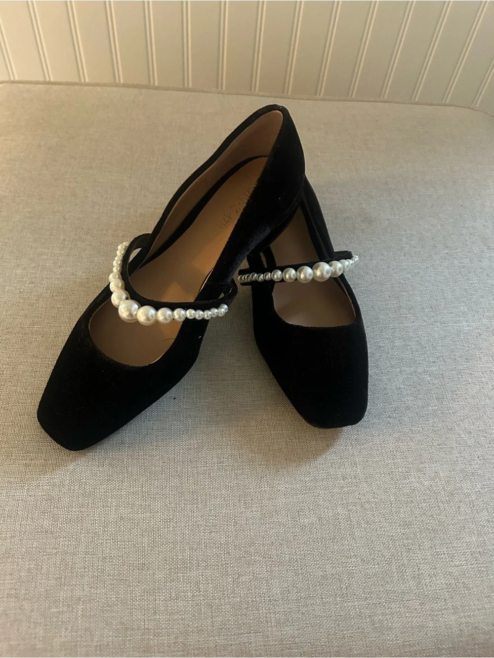 Black Pearl-Strap Velvet Mary Jane Flats